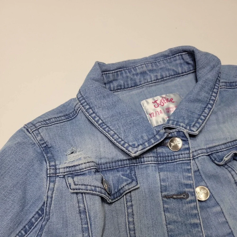 Justice Jean Jacket Girls 12 14 Blue Buttons Flap Pockets Collared Stretch Denim